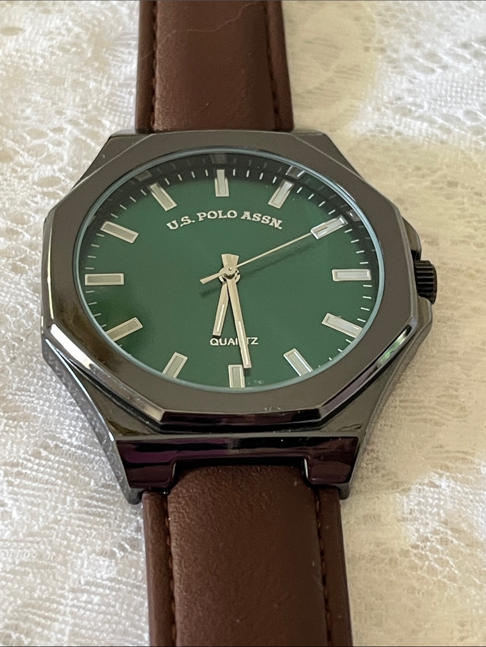 U.S. Polo Assn. Green Dial Brown Leather-Style Strap Watch
